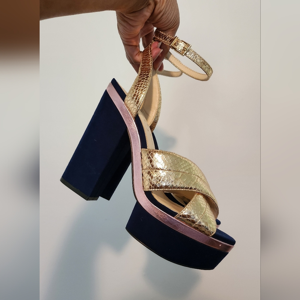 Jessica Simpson Gold/Navy Metallic Multicolor Platform Sandal Heels Size 8.5